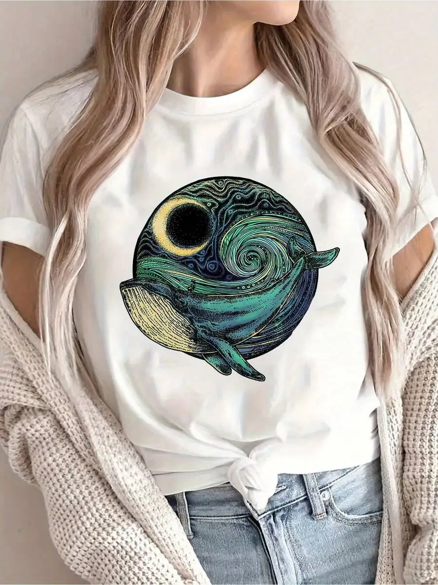 

Womens Cotton Loose Crew Neck Tee With Whale And Moon Art Print Casual Top