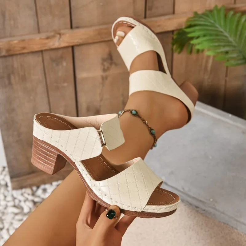 

2026 Casual Slingback Slides Shoes Women Summer Lightweight Hollow Sandals High Heels New Dress Chunky Open Toe Slippers Female