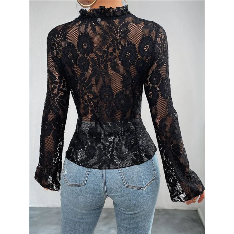 

A83F-Женский кружевной прозрачный топ с v-образным вырезом, сетчатые прозрачные рубашки, блузки с открытой передней завязкой и длинными рукавами, топы на выход Y2k