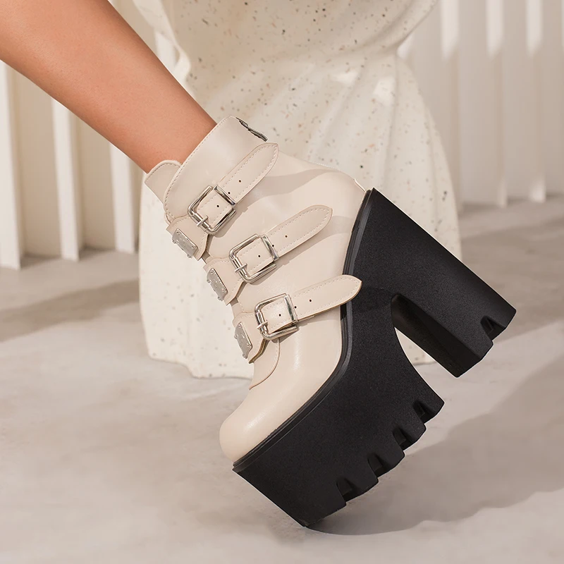 حجم كبير إسفين كعب زيادة دراجة نارية الأحذية ثلاثة الصدر زخرفة المعادن فائقة عالية منصة مقاومة للماء الأحذية النسائية #2