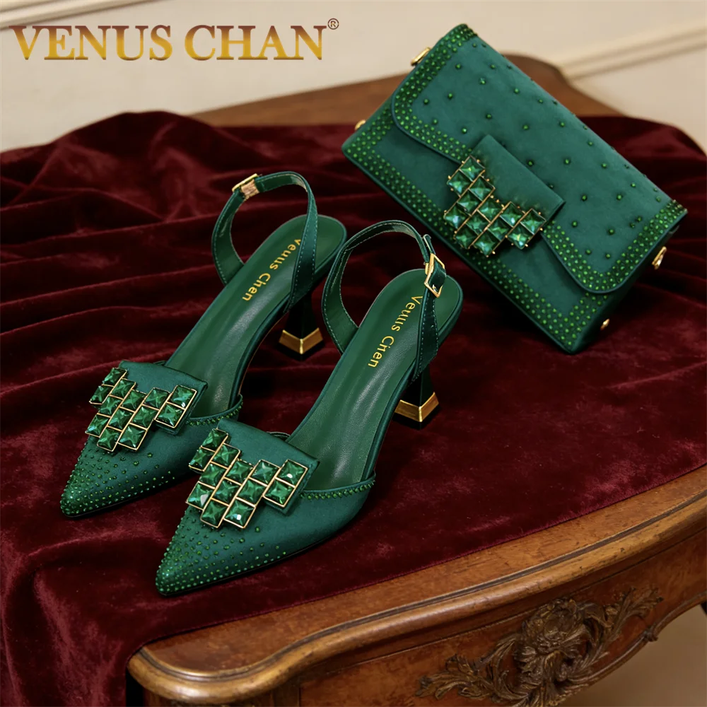 

Женские зеленые туфли на высоком каблуке со стразами и сумкой в тон — стильная обувь с острым носком для вечеринок и особых случаев