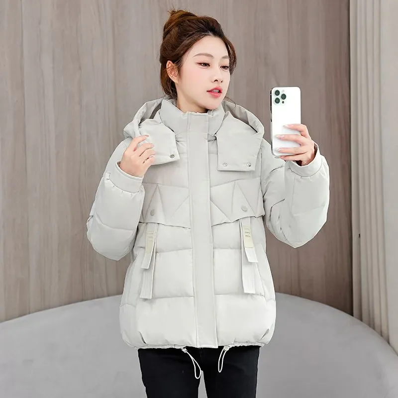 

2025 Korean Winter Cotton-padded Coat Women's Short Hooded Parka Thicken Warm Down Cotton Jacket Lady Streetwear Loose Outerwear