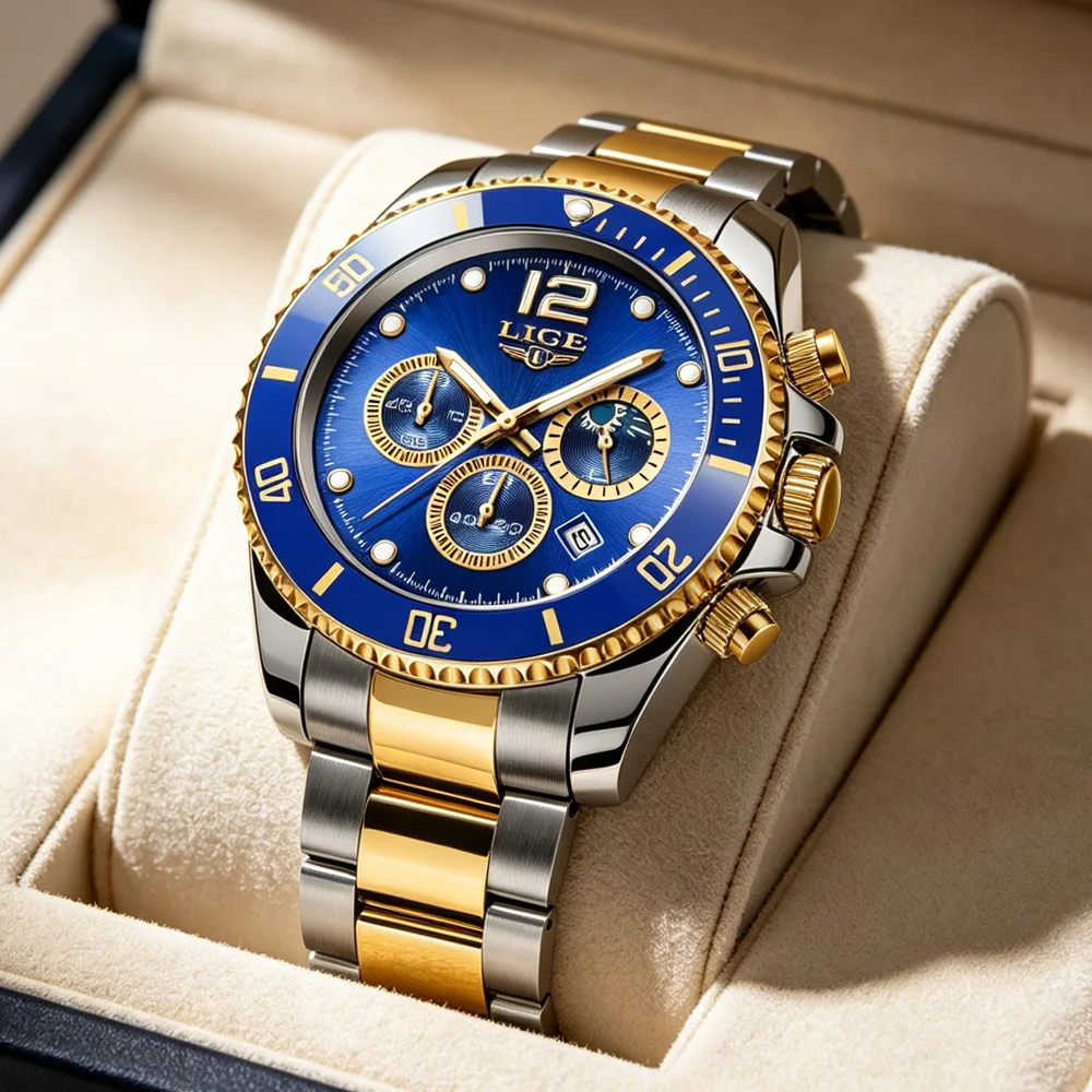 LIGE Top Brand Luxury Men Watch Business Stainless Steel Quartz Wristwatches Luminous Waterproof Watch for Men Clock Gift+Box