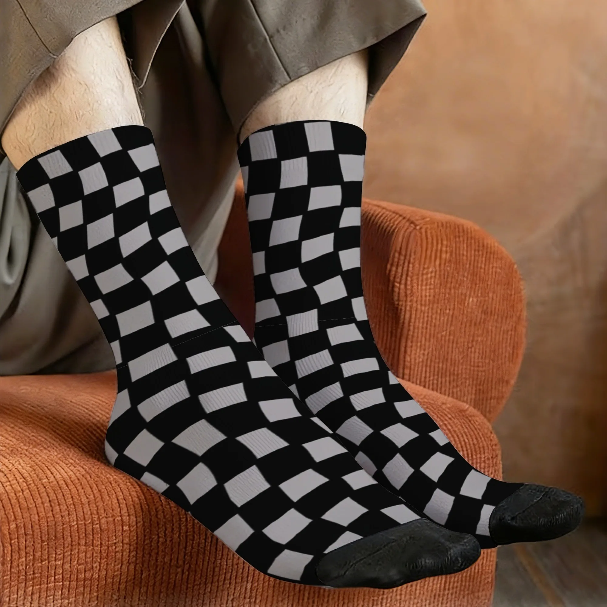 Twisted Checkerboard Socks Skin-friend Breathable Wrinkle-resistant Men's Socks Fitness Hiking Camping Street Hip-hop Crew Socks