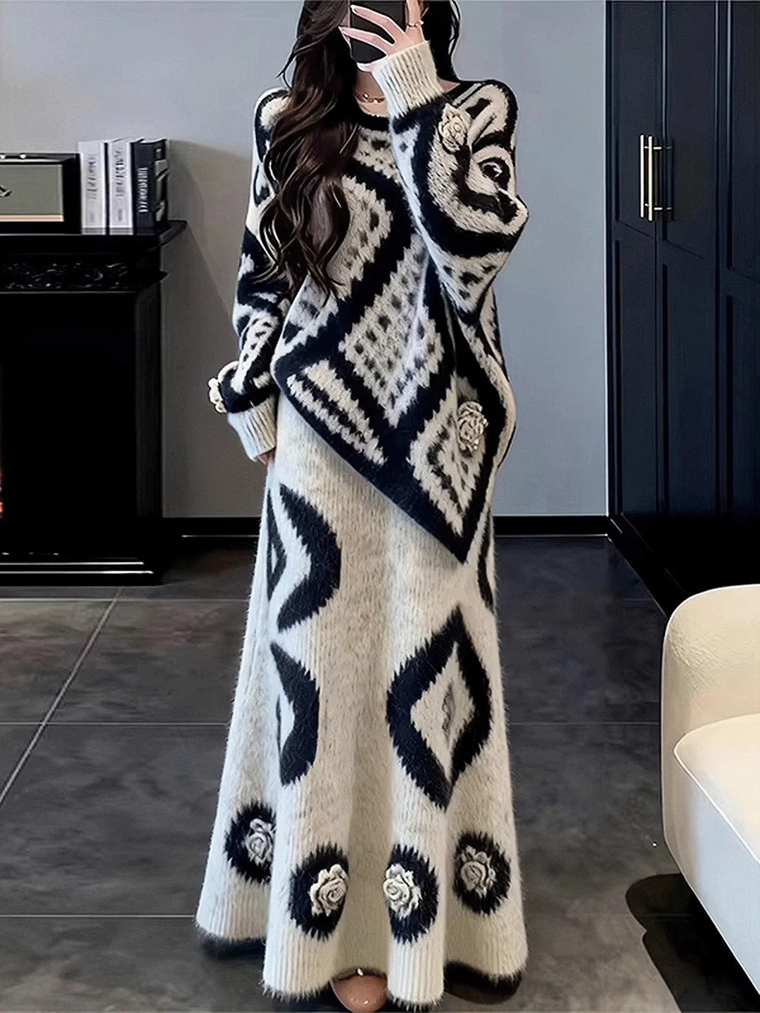  Soft Knitted Set Women's Winter Sweater  Skirt Two-Piece Set Elegant Unique Beautiful Whole Set Fashionable Fre...