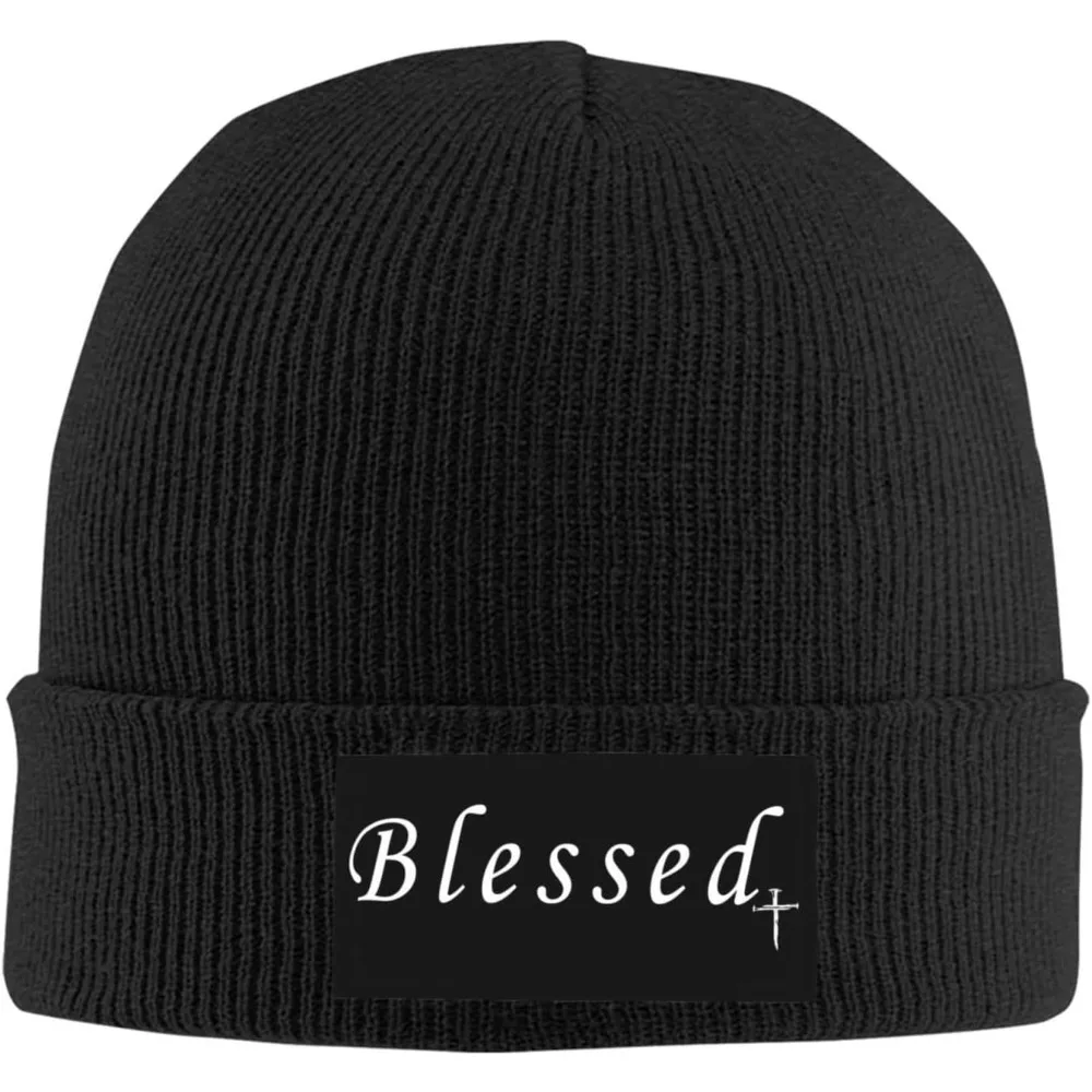 

Black Knitted Beanie with "Blessed" & Cross Patch Religious Faith Style Winter Warm Skull Cap for Men Women