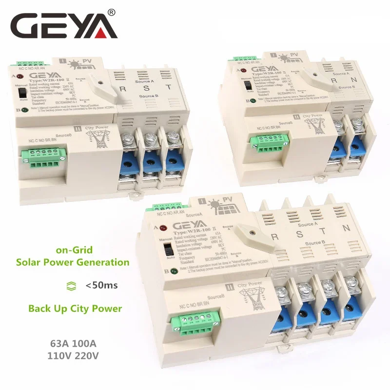 

NEW GEYA on-Grid Solar Power Automatic Transfer Switch Din Rail 2P 3P 4P 63A AC220V ATS PV System Power to City Power