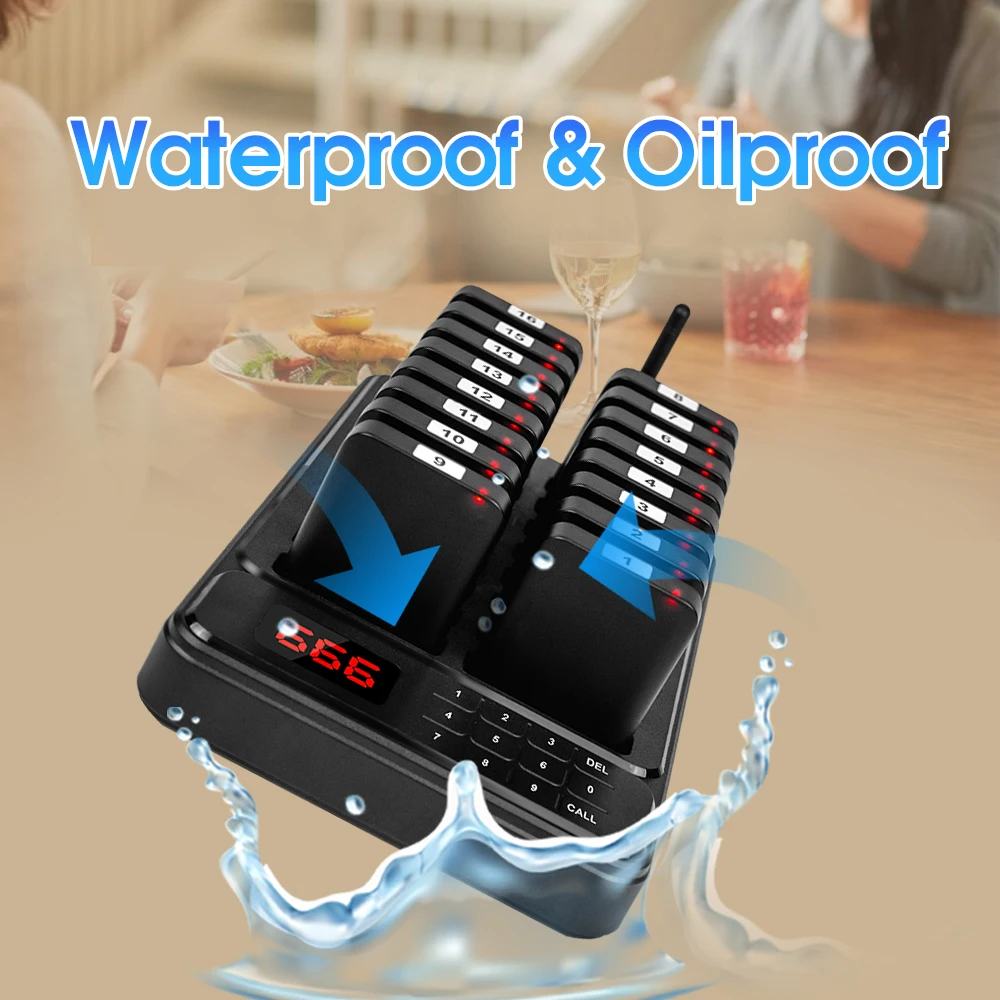 Wireless Restaurant Paging System with 16 Waterproof Buzzers for Food Truck Fast-Casual Restaurant Bar Cafe Shop