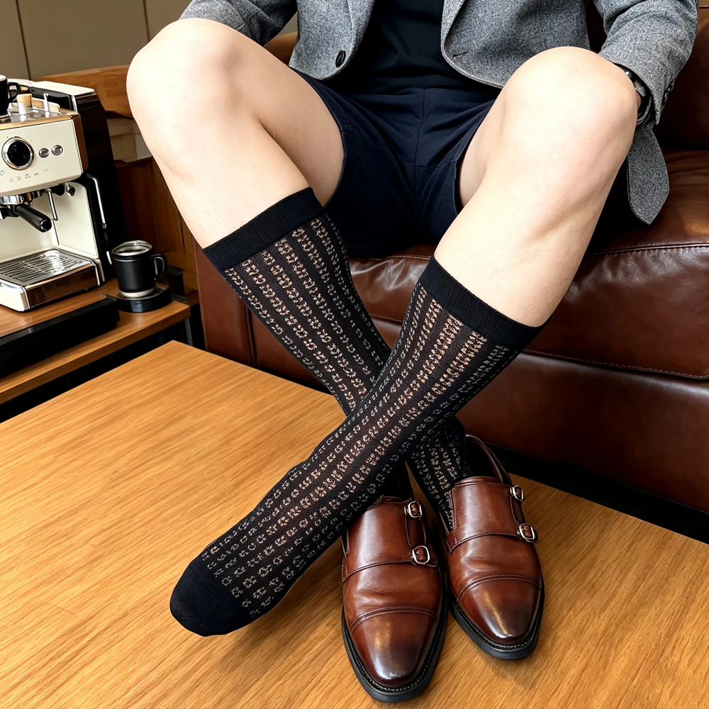 Men's Premium Vintage Black Formal Dress Socks Vertical Geometric Pattern Striped Business Suit Hosiery Soft Office Gift