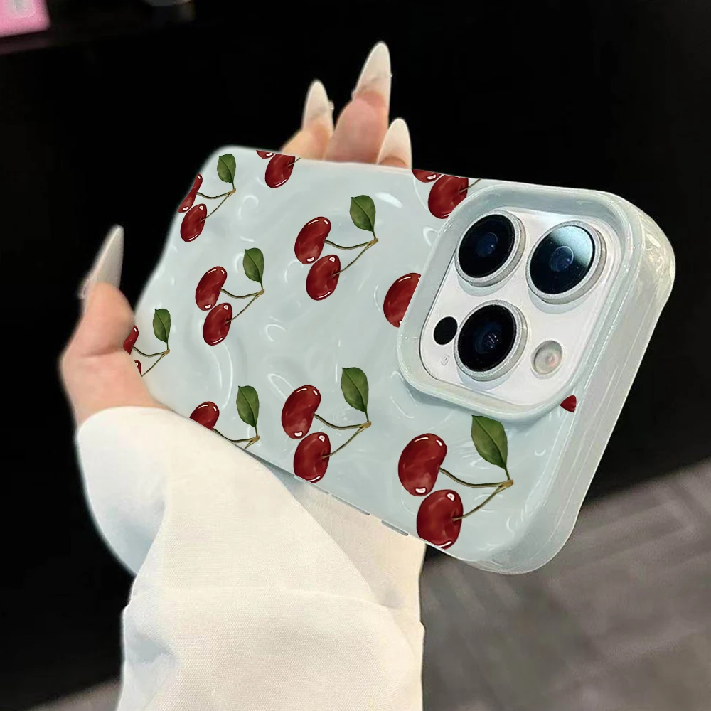 Koreanische Kirsch-Design Handyhülle aus Weichem Silikon für iPhone 17 16 15 14 13 12 11 Pro Max 14 Plus 17Air Falten-Wellen-Abdeckung – Detail 1