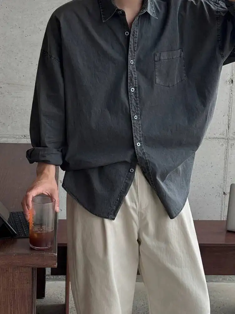 

2026 весенние нишевые дизайнерские мужские рубашки с отложным воротником, однотонные винтажные однобортные мужские рубашки с длинными рукавами, топы