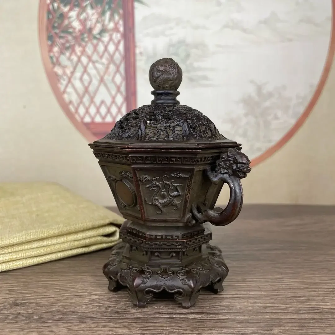 Antique relief incense burner bronze four sacred beasts for Buddha worship ornaments dragon cover three-piece set
