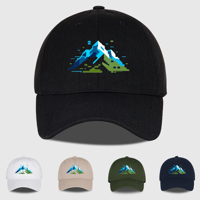 Modische Baseballkappe mit Pixel-Schneeberg-Print, Retro-Pixel-Outdoor-Stil, Outdoor-Wandern, Camping, Reisen, Geschenk für Outdoor-Enthusiasten