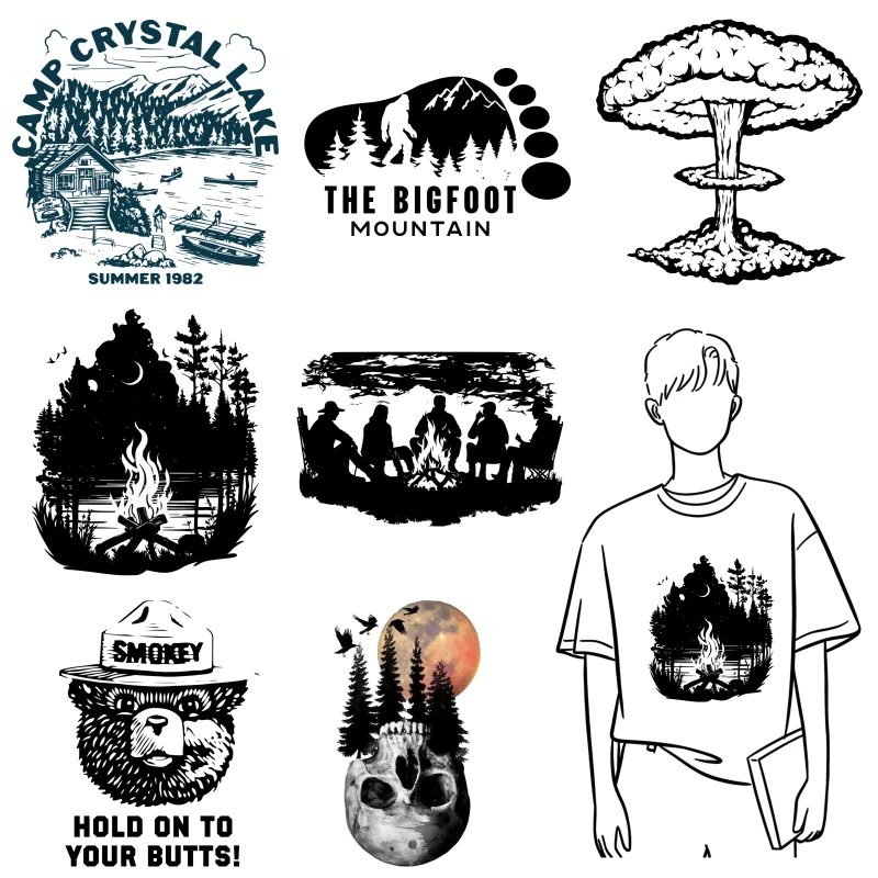 Fashionable Black Outdoor Element Heat Transfer Printing Sticker T-Shirt Jacket Packaging Decoration Ironing Patch Washable