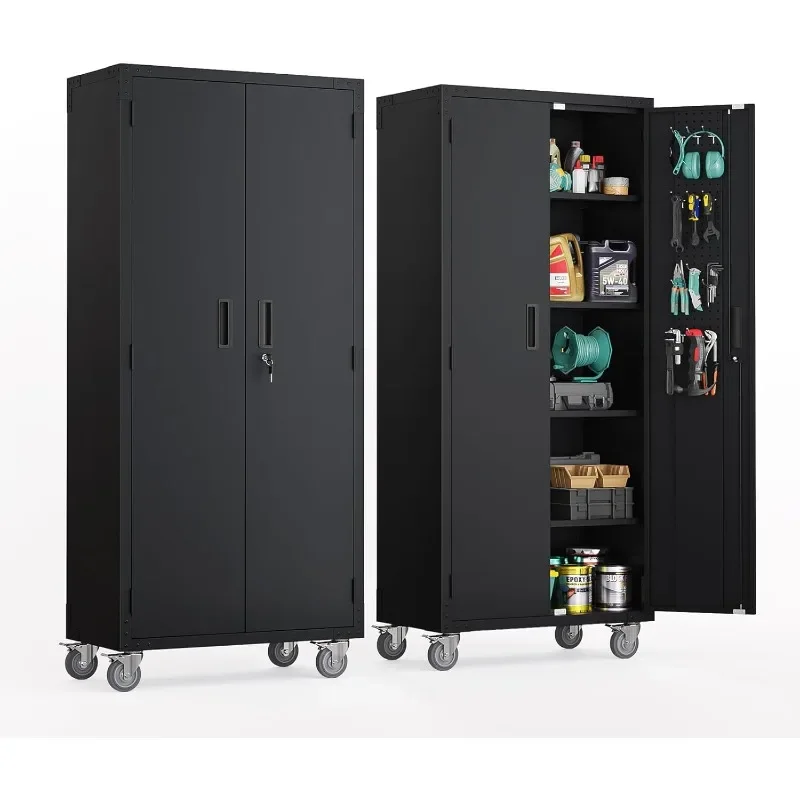 72" High Garage Storage Cabinet, Metal Storage Cabinet with Pegboard, Wheels, Locking Doors and Adjustable Shelves (Black