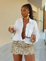 HH Women Summer Fashion Party Style Sequin Mini Slim Skirt Female Sexy Elegant Banquet Zipper High Waist Short A-Line Skirt 2