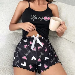 Heart & Letter Print Lettuce Trim Pajama Set, Casual Round Neck Backless Cami Top & Bow Decor Shorts, Women's Sleepwear