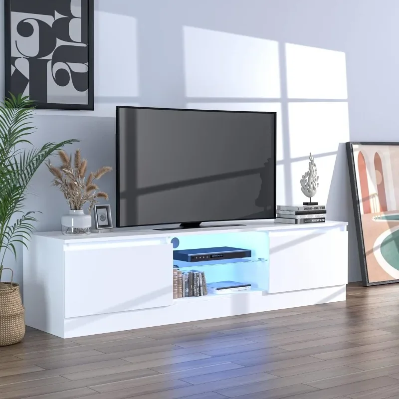 White TV Stand for 65/70 Inch TV, Media Console Tables with High Gloss Modern Style, LED Entertainment Center with Large Storage