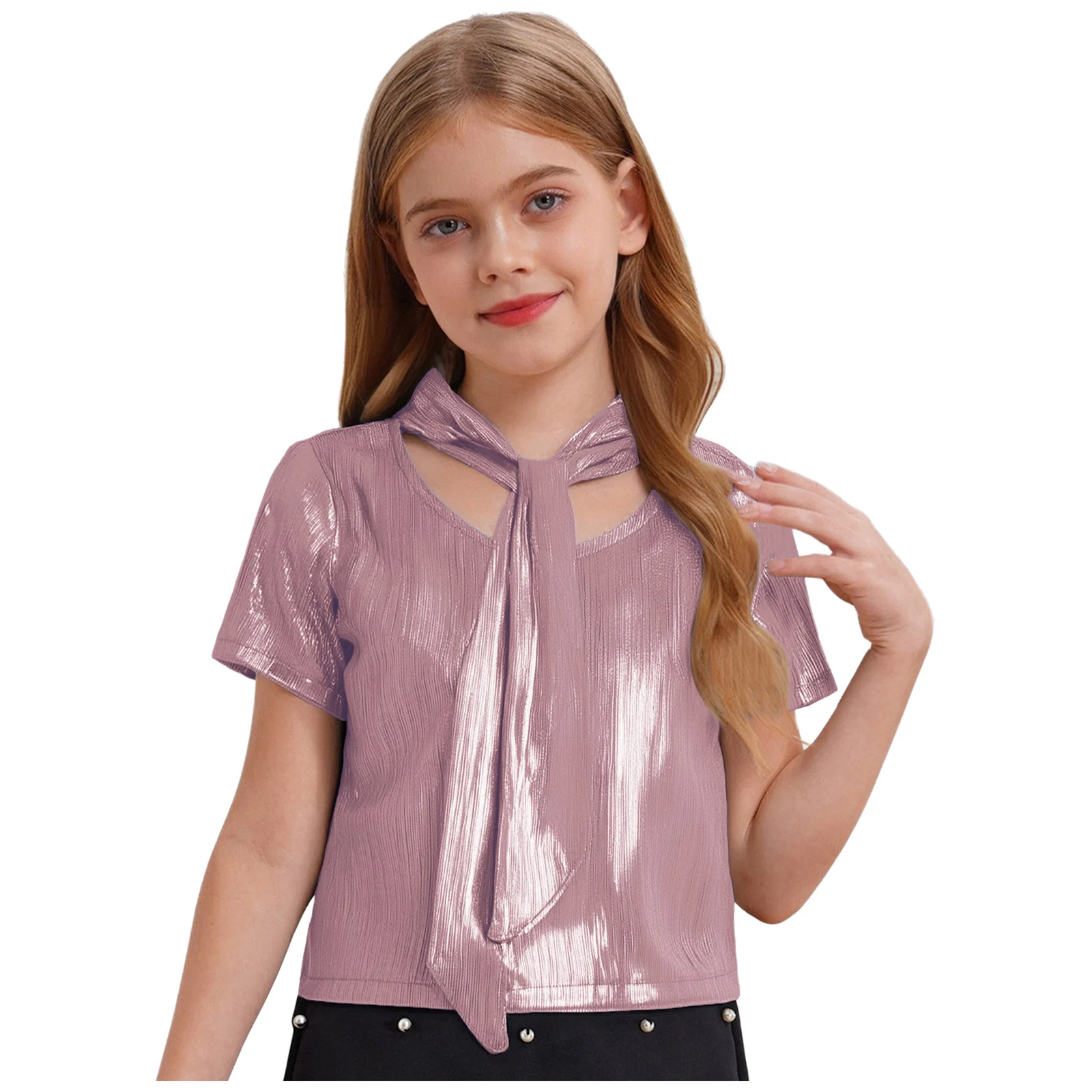 Moda per ragazze Top metallizzati Costume da spettacolo per bambini Streetwear Festival musicale Abiti da ballo hip-hop T-shirt con lacci
