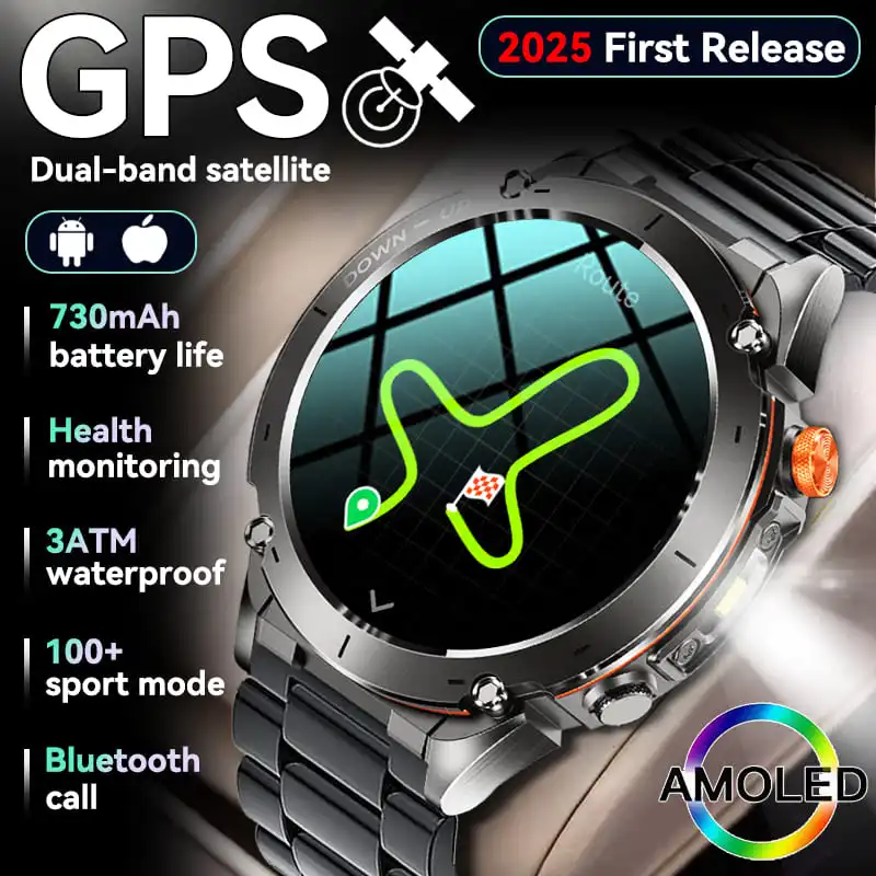 2025 屋外軍事 GPS スマートウォッチ男性 3ATM 防水 Bluetooth 通話 730mAh コンパスフィットネススマートウォッチ Xiaomi Huawei 社