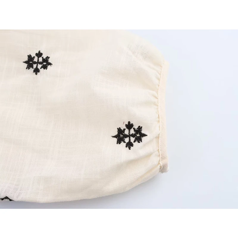 YENKYE Nieuwe 2025 Vrouwen Vintage Bladerdeeg Mouw Lace Up Ronde Hals Borduren Blouse Casual Los Shirt Zomer Tops