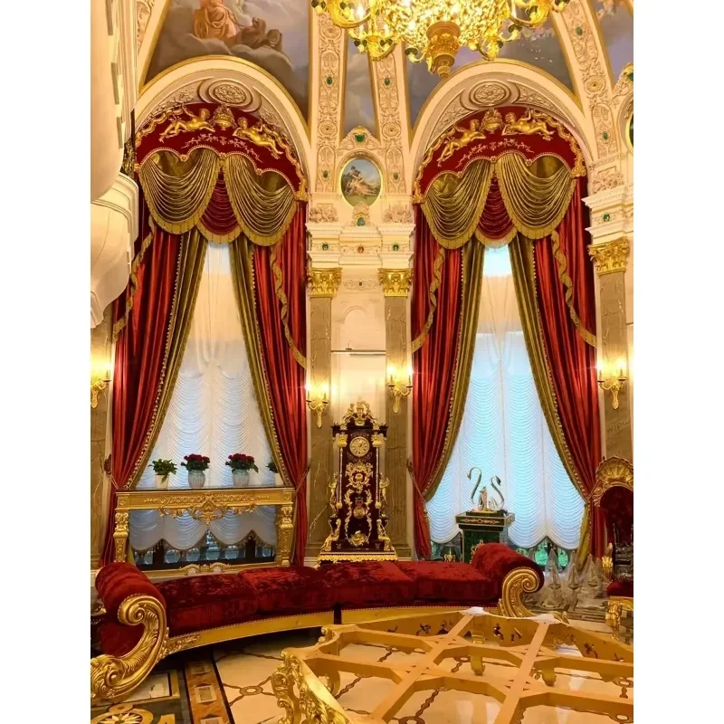 

Luxury Gold Red Velvet Embroidered Curtains for Living Room Bedroom Window Screen Splicing European Villa Window Valance Custom