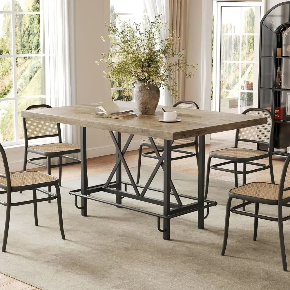 63 طاولة بار على الطراز الصناعي مع مسند قدم معدني، ارتفاع مضاد للمطبخ، بار منزلي وترفيه باللون الرمادي الريفي #5