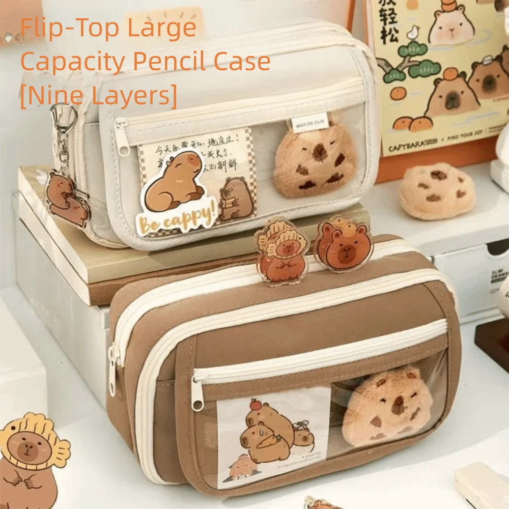7Pcs Spacious Compartment Capybara Pencil Case Zipper Closure Nine Layers Pen Bag Doll Stickers Large Capacity