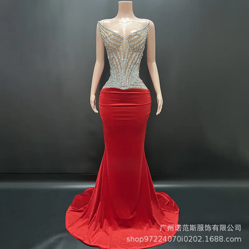 High-end Red Velvet Temperament Hip-wrapped Dress Company Annual Meeting Host Dress Birthday Light Luxury Dress Vestidos De Gala