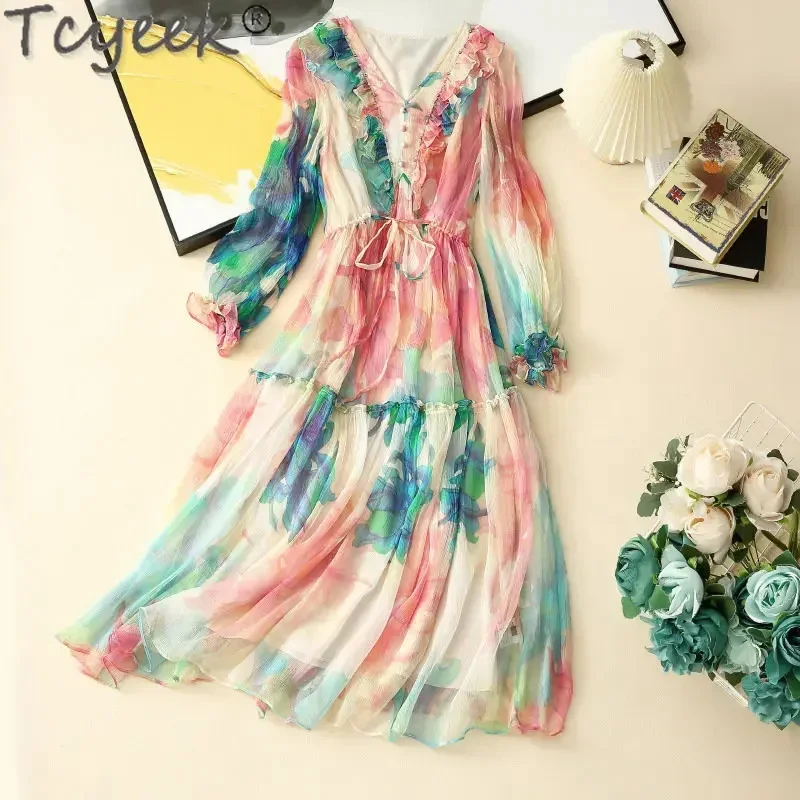 

High-end Tcyeek Mulberry Holiday Long Woman Clothes Summer 100% Real Silk Women's Elegant Print Dresses Vestido