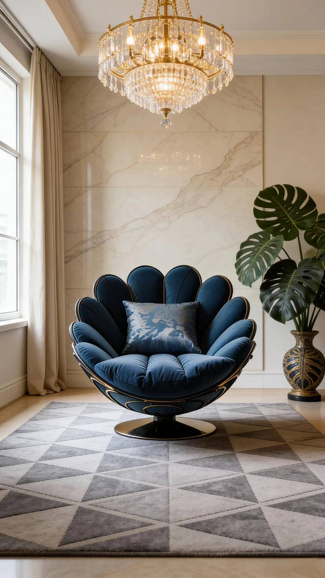 High-end Peacock Blue Petal Armchair Modern Luxury Velvet Single Sofa Chair with Gold Metal Frame Swivel Function