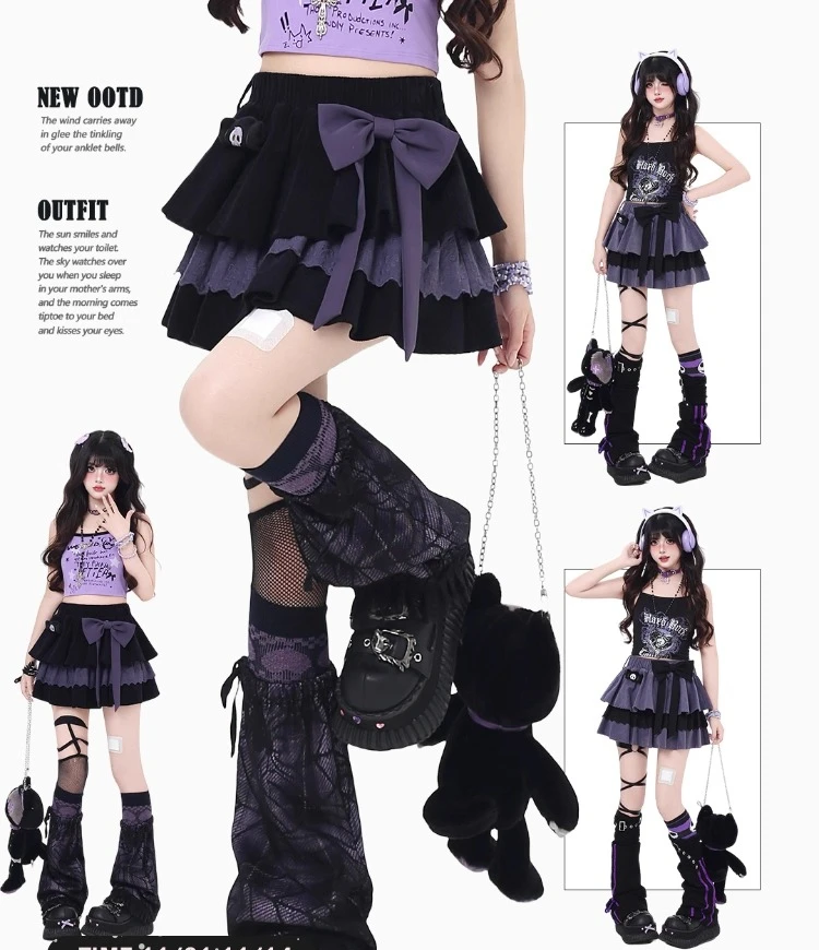 

Оригинальная японская субкультура Y2k Нишевая короткая юбка с черным и фиолетовым бантом Милая девушка Вельветовый дизайн Осенняя юбка-торт Девушка