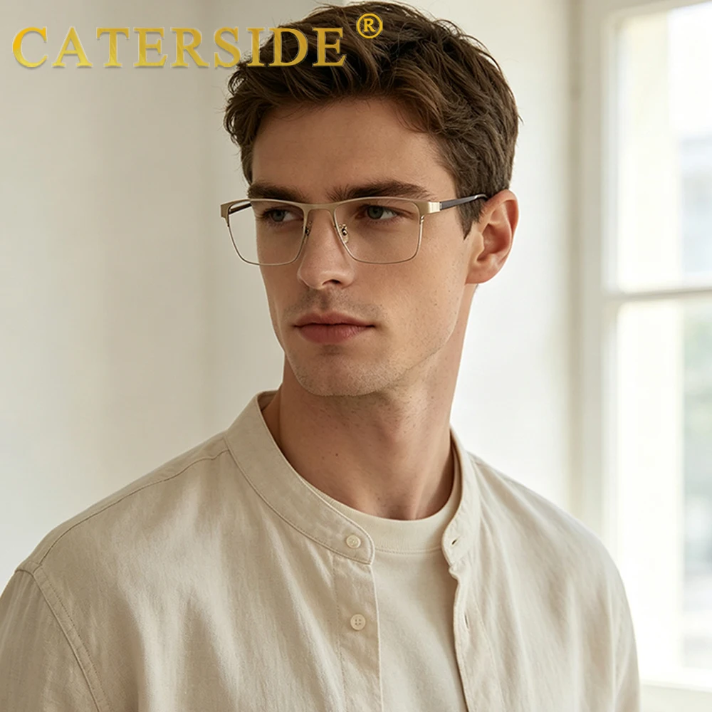 CATERSIDE Men's Business Metal Rectangular Glasses Frame Lightweight Optical Glasses Frame Spring Hinge Reading Glasses
