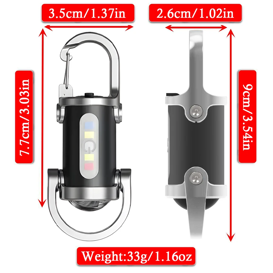 500LM Mini COB LED Keychain Flashlight USB Rechargeable Hanging Work Light Waterproof Keyring Camping Walking EDC Pocket Lamp