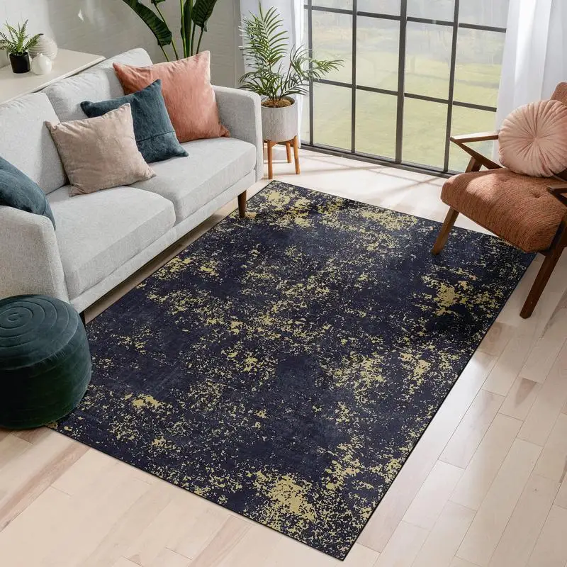 

Black Washable Area Rug 8x10 ft in Black and Gold Color, Soft and Durable Design for Living Room and Bedroom