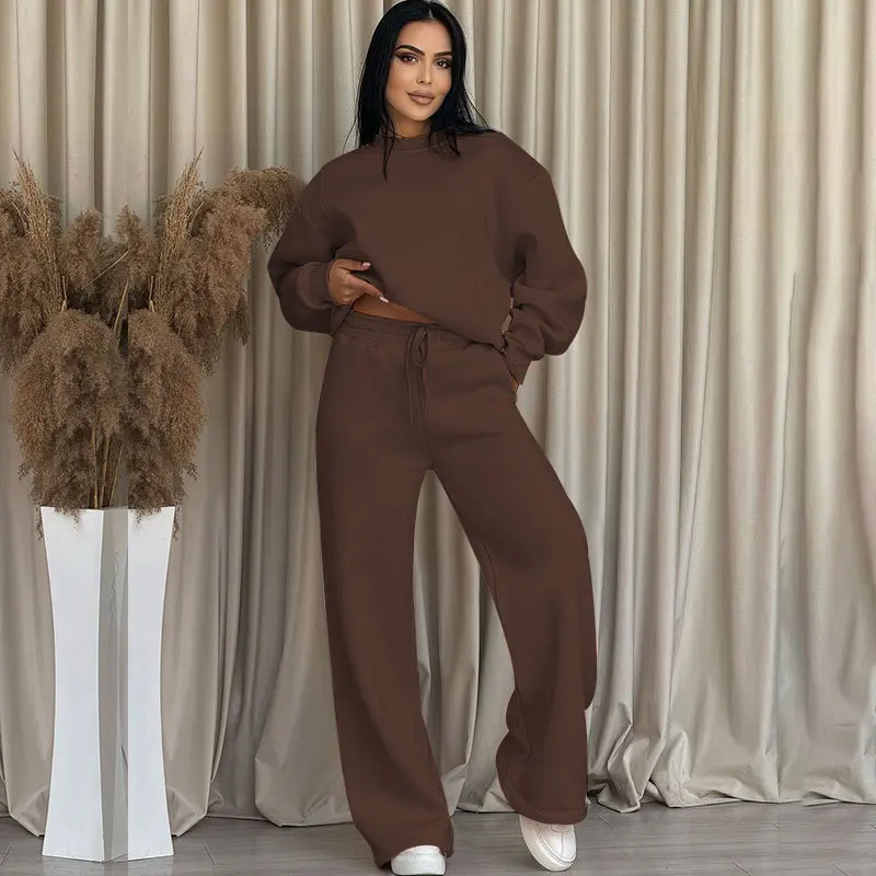 Autumn and winter new solid color round collar long sleeve loose women's fashion casual wide leg pants two piece suit pant sets - Image 6