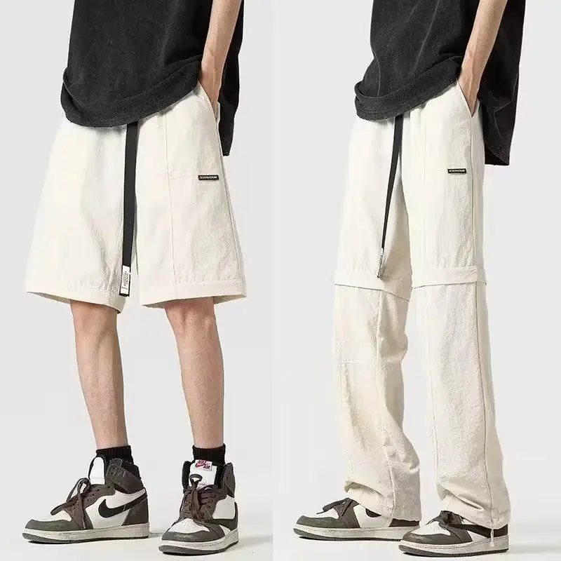 Straight Trousers Detachable Summer New Men's Patchwork Zipper Elastic Drawstring Pockets Fashion Loose Casual Two in One Pants
