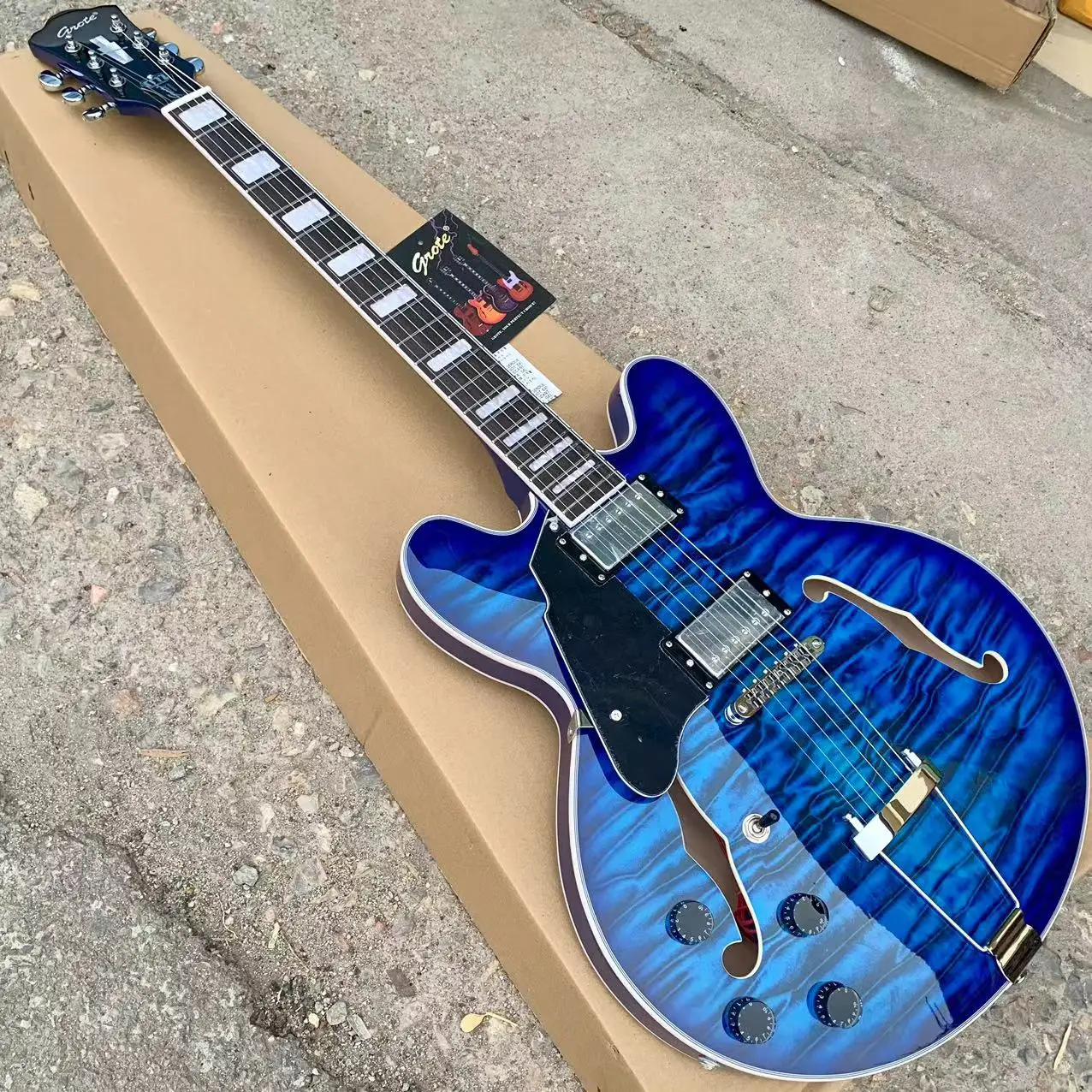 Left hand transparent blue color quilted maple veneer double f hole electric jazz guitar rosewood Fingerboard block inlay