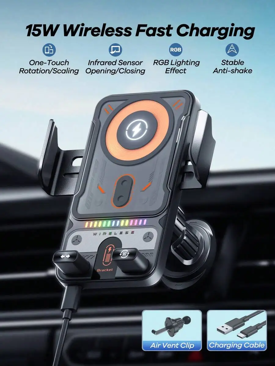 15W Wireless Car Phone Mount Featuring Infrared Auto Open/Close, RGB Glow, One-Touch 90° Rotation, Case-Supported, Type-C Fast