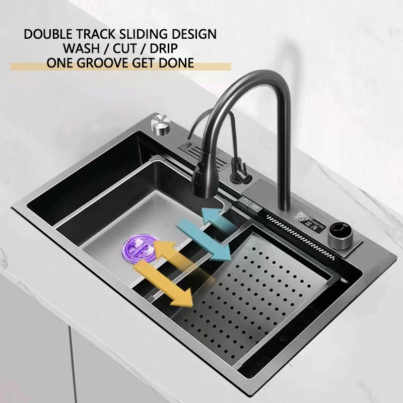 stainless steel kitchen sink waterfall digital display faucet sink lagre single slot with cup cleaner knife Holder