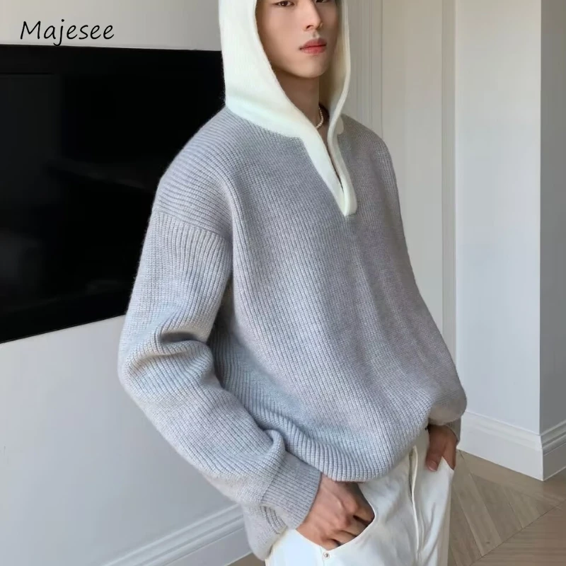 Panelled Knitted Sweaters Men Casual Patchwork Fashion Warm Hooded Pullovers Korean Style Handsome College Students Cozy Daily