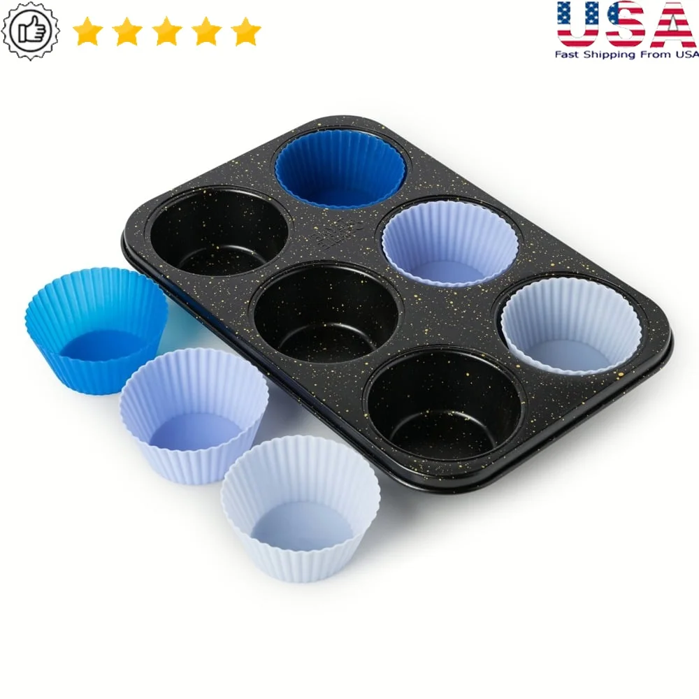 

6 Cup Jumbo Muffin Pan Non Stick with 6 Silicone Liners Durable Aluminized Steel Baking Tray Easy Clean Dishwasher Safe