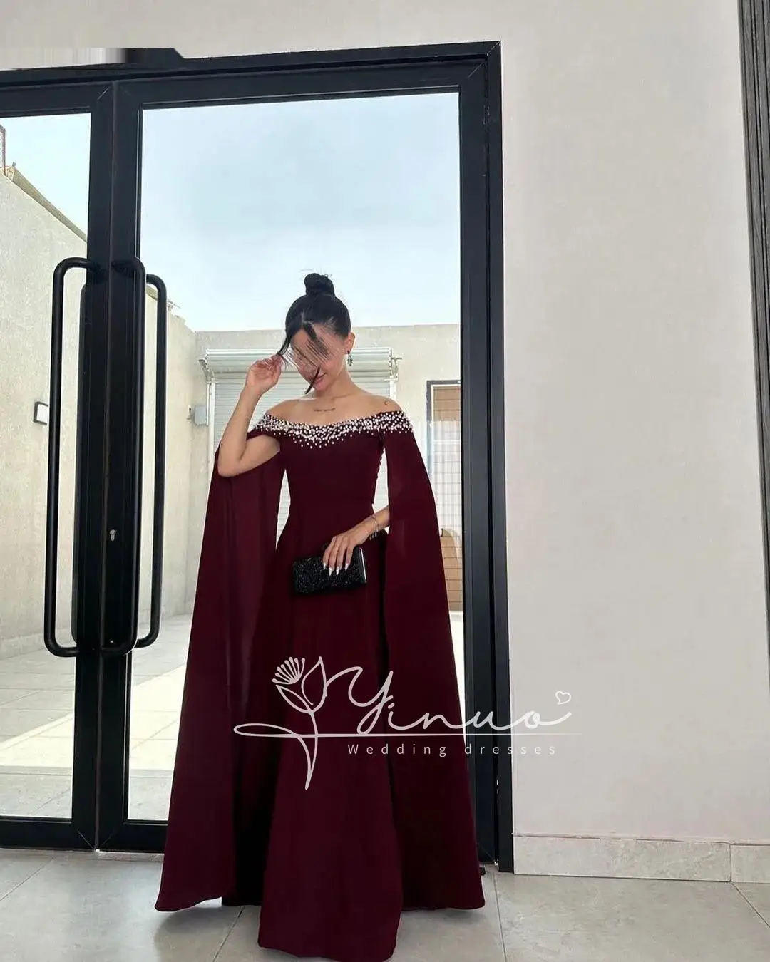 

customized A-Line Off-The-Shoulder Neckline Floor-Length Long Sleeves Dresses For Prom Formal Occasion Dresses Elegant And Beaut