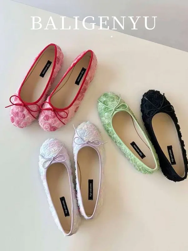 

Lamb Skin Soft Style Flower Knot Flat Bottom Ballet Shoes Women's Slip-On Versatile Flats Spring Fashion Trend