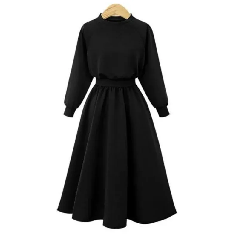 Casual Solid Elastic High Waisted Spring Summer Dress Women Long Sleeves Big Hem Dresses Ladies Basic Black White Long Sundress