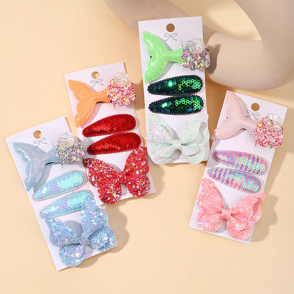 4pcs/set Girls Sequin Fish Tail Butterfly Hairpins Children Kids BB Hair Clips Barrettes Baby Accessories Hairclip Headwear Gift