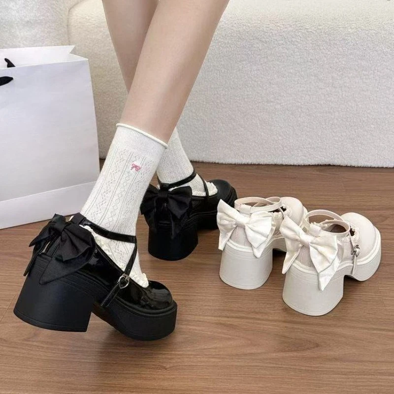 Fashion Sweet Style Lace Trim Bow Decor High Heel Shoes for Women 2026 Spring Autumn New Vintage Round Toe Solid Single Shoes