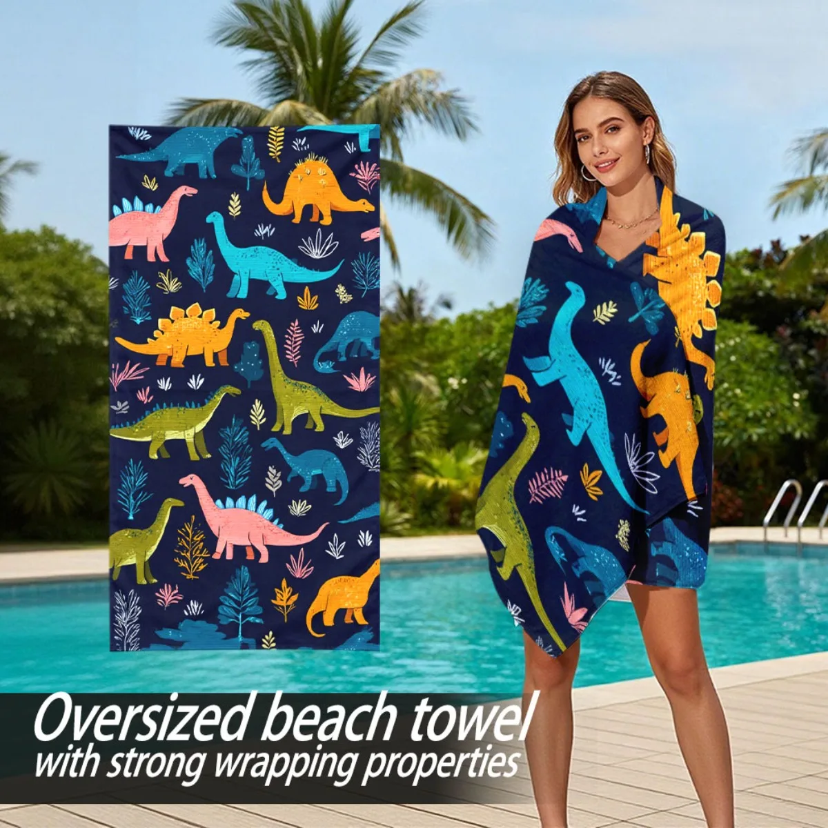 Children's Interest Dinosaur Theme Pattern polyester microfiber beach towel is highly absorbent, suitable swimming beach outings