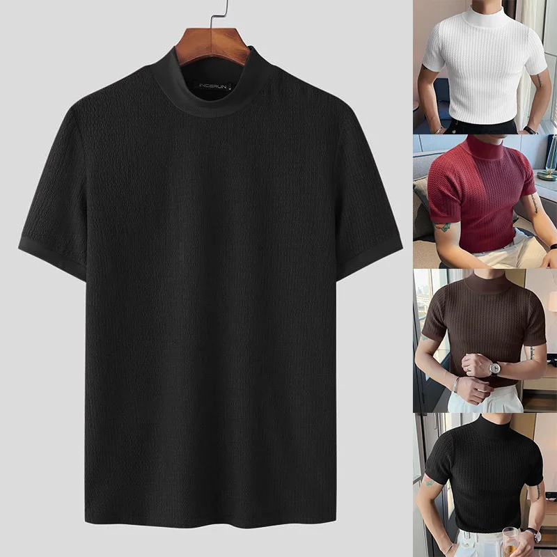 

New Men's High Neck Pullover Knit Basic Shirt High Neck Slim Fit T-shirt Casual Solid Short Sleeve Pullover