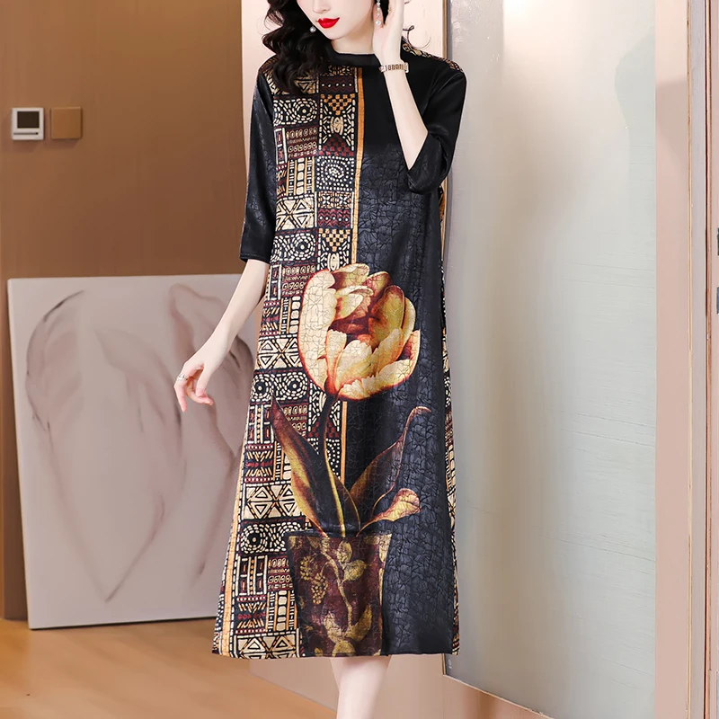 

Silk Dress women Summer New 2024 Temperament Large Yards Mulberry Silk Skirt Fashion Casual Loose Waist Dress Elegant Vestido